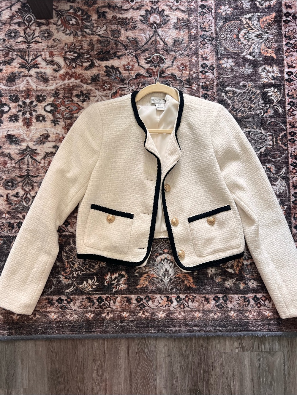 Rachel Zoe Cream Tweed Cropped Jacket with Black Trim